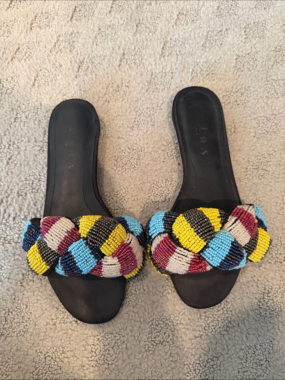 Zara Black Slide Sandals with Multicolor Beaded Braid